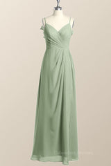 Flower Girl Dress, Straps Sage Green Chiffon Long Bridesmaid Dress with Open Back