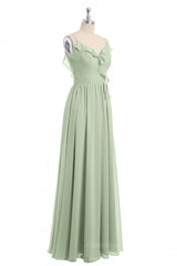 Plu Size Wedding Dress, Straps Sage Green Chiffon Ruffles Long Bridesmaid Dress