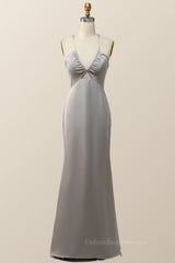Formal Dress Elegant, Straps V Neck Grey Boho Long Bridesmaid Dress