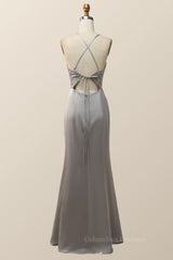 Formal Dresses Outfit Ideas, Straps V Neck Grey Boho Long Bridesmaid Dress