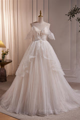 Prom Dress 2064, Straps White Tulle Tiered Tulle Formal Gown