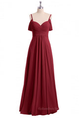 Evening Dress Yde, Straps Wine Red A-line Pleated Chiffon Long Bridesmaid Dress