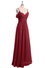 Evening Dress Shopping, Straps Wine Red A-line Pleated Chiffon Long Bridesmaid Dress