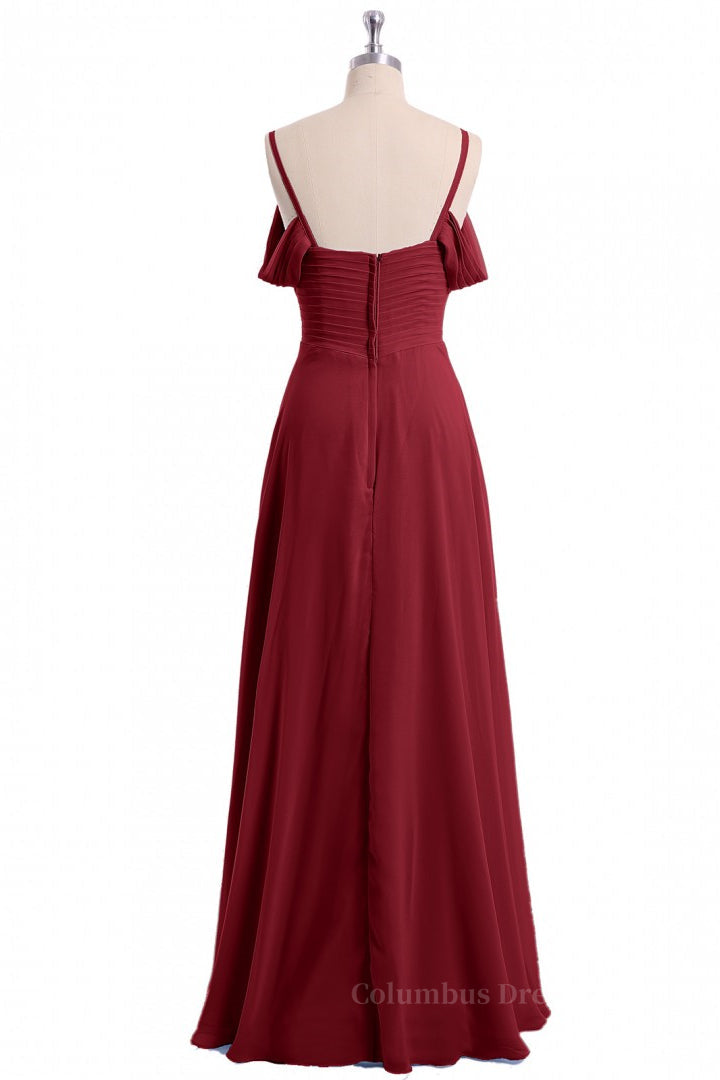 Evening Dress Shops, Straps Wine Red A-line Pleated Chiffon Long Bridesmaid Dress