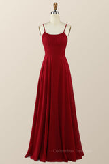 Bridal Bouquet, Straps Wine Red Chiffon A-line Long Bridesmaid Dress