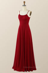 Green Bridesmaid Dress, Straps Wine Red Chiffon A-line Long Bridesmaid Dress