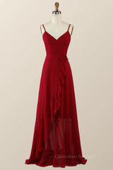 Wedding Photo Ideas, Straps Wine Red Chiffon Ruffle A-line Long Bridesmaid Dress