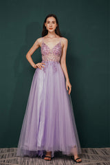 Formal Dresses Gown, Stunning Front Split Spaghetti Straps Long A Line Beaded Prom Dresses