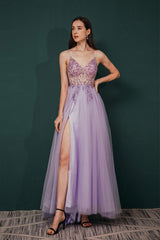 Formal Dress Gowns, Stunning Front Split Spaghetti Straps Long A Line Beaded Prom Dresses