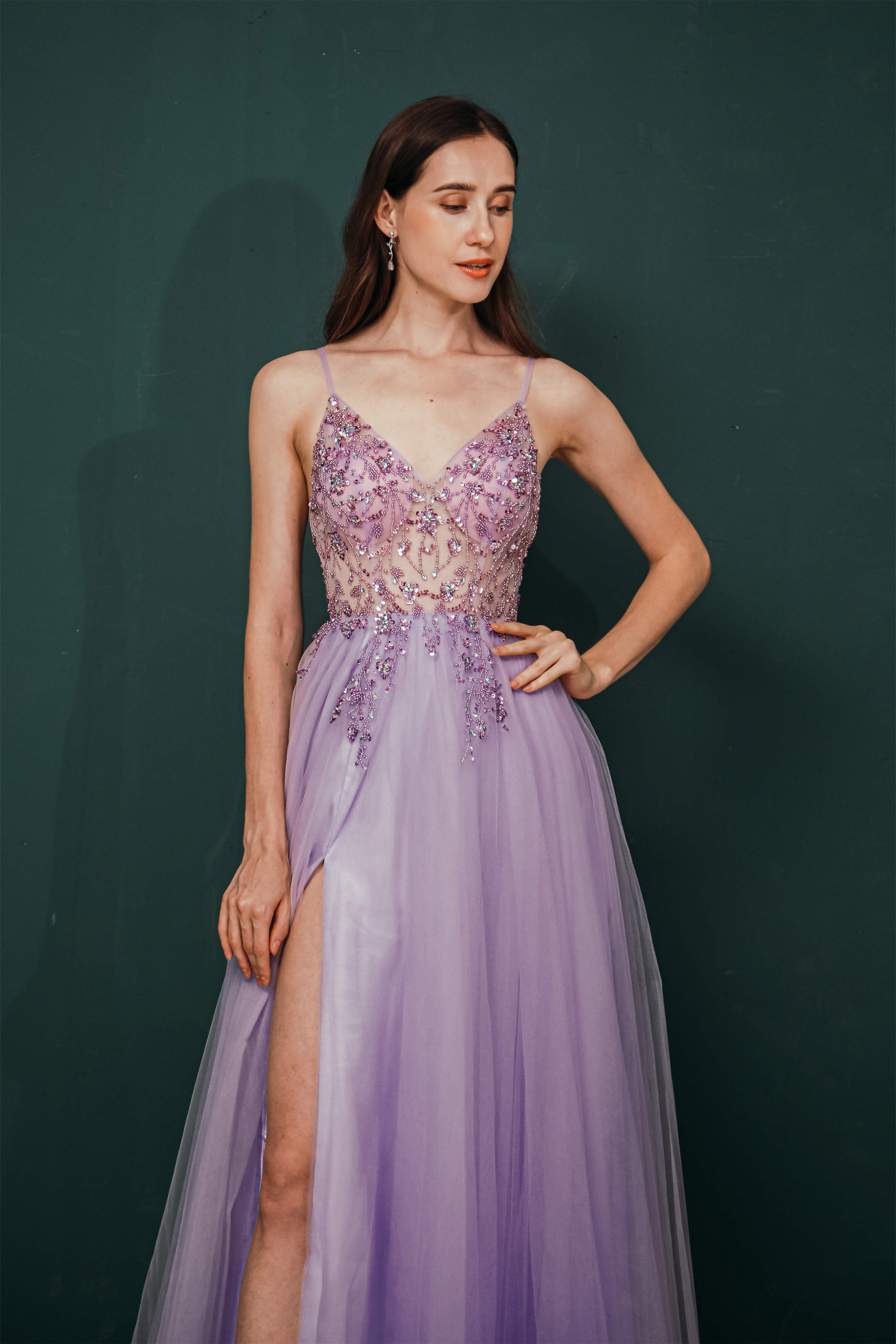 Formal Dresses Fashion, Stunning Front Split Spaghetti Straps Long A Line Beaded Prom Dresses