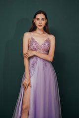Formal Dress Fashion, Stunning Front Split Spaghetti Straps Long A Line Beaded Prom Dresses