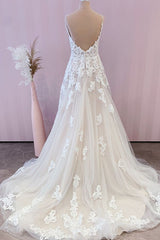 Wedding Dresses Lace A Line, Stunning Long A-Line Spaghetti Straps Appliques Lace Tulle Wedding Dress