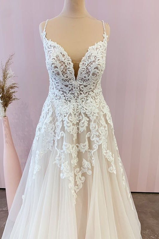 Wedding Dresses Inspiration, Stunning Long A-Line Spaghetti Straps Appliques Lace Tulle Wedding Dress