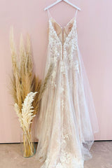 Wedding Dress Backless, Stunning Long A-Line Spaghetti Straps Tulle Lace Wedding Dress