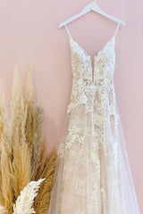 Wedding Dresses With Color, Stunning Long A-Line Spaghetti Straps Tulle Lace Wedding Dress