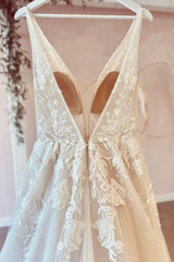 Wedding Dress Online, Stunning Long A-Line V-neck Tulle Floral Lace Wedding Dress