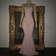 Prom Dresses 3 4 Sleeves, Stunning Long Halter Spaghetti Straps Sequined Mermaid Prom Dress