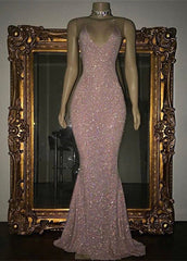 Prom Dress 3 4 Sleeves, Stunning Long Halter Spaghetti Straps Sequined Mermaid Prom Dress