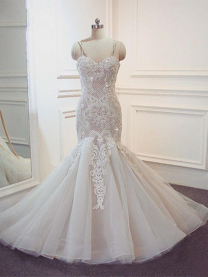 Wedding Dresses Costs, Stunning Long Mermaid Spaghetti Strap Lace Wedding Dresses