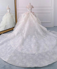 Wedding Dresses Trains, Stunning Off The Shoulder Flower Ball Gown Lace Wedding Dress