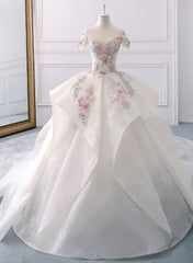 Wedding Dress Train, Stunning Off The Shoulder Flower Ball Gown Lace Wedding Dress