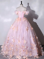 Bridesmaid Dress Color Scheme, Stunning Pink Floral Off the Shoulder Prom Dresses Ball Gown Quinceanera Dress