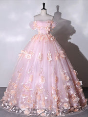 Bridesmaid Dress Color Schemes, Stunning Pink Floral Off the Shoulder Prom Dresses Ball Gown Quinceanera Dress