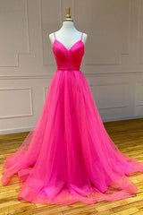 Formal Dress Outfit, Stylish A Line V Neck Backless Hot Pink Long Prom Dress, Backless Hot Pink Formal Graduation Evening Dress