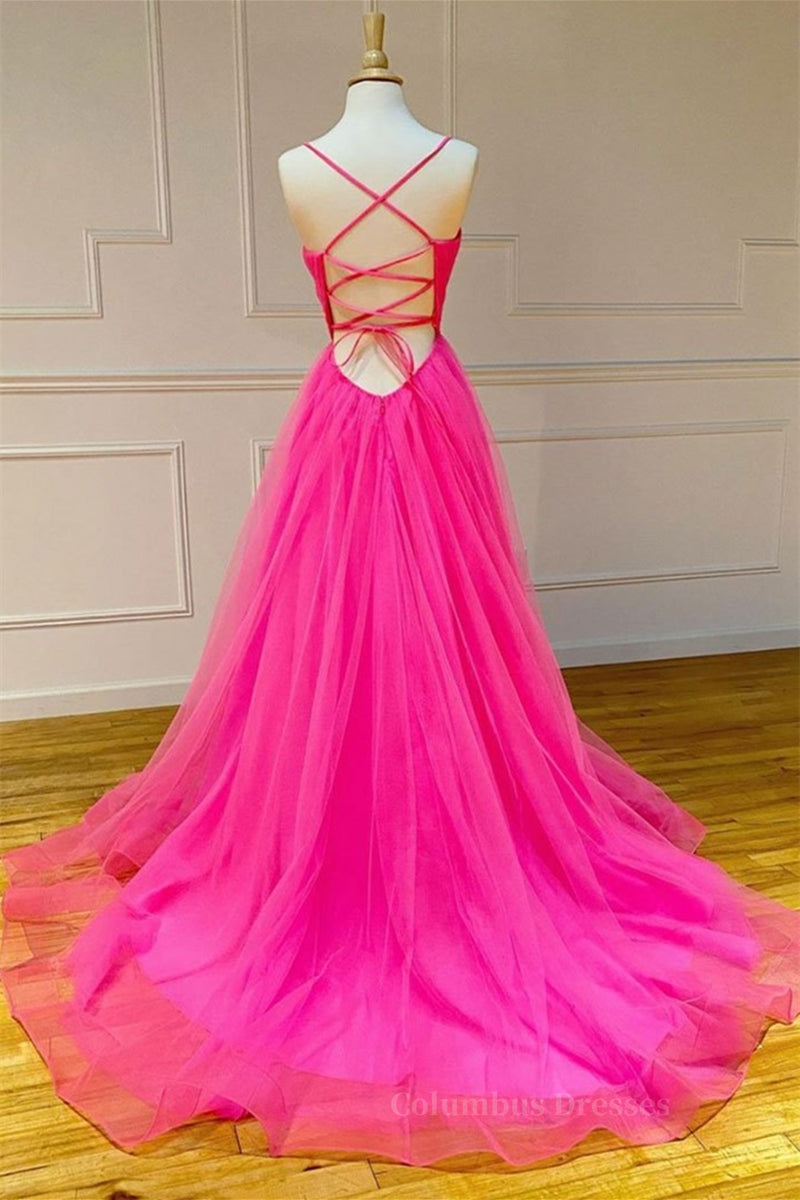 Formal Dressing Style, Stylish A Line V Neck Backless Hot Pink Long Prom Dress, Backless Hot Pink Formal Graduation Evening Dress