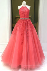 Formal Dress Modest, Stylish Backless Coral Lace Long Prom Dress, Coral Lace Formal Graduation Evening Dress