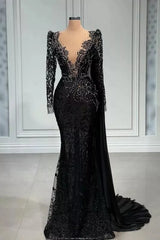 Evening Dresses 3 21 Sleeve, Stylish Black A-line Mermaid Evening Dress Deep V-Neck Beadings Long Sleeves Prom Dress