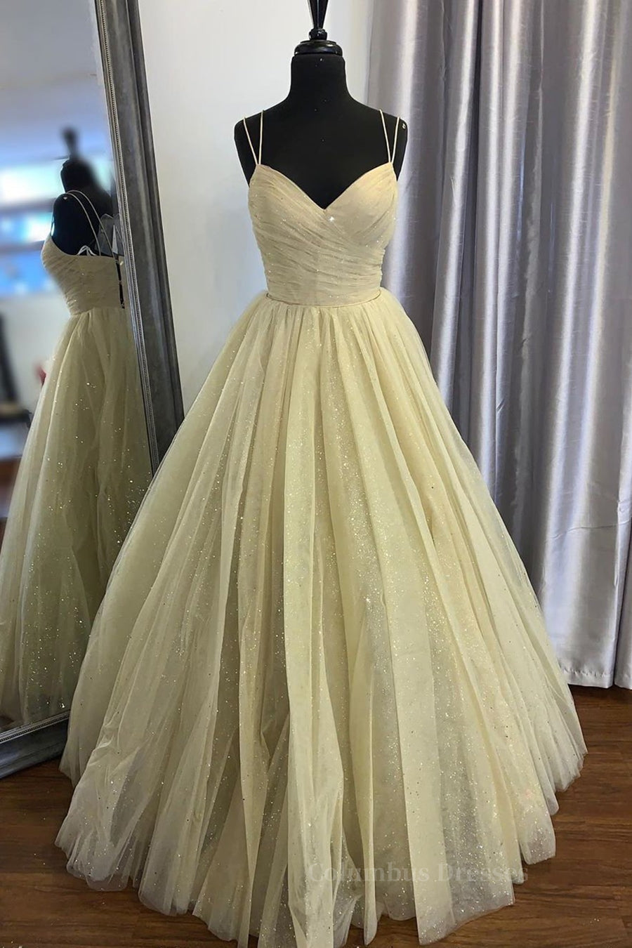 Prom Dresses Blush, Stylish V Neck Open Back Yellow Prom Dress, Shiny V Neck Yellow Formal Evening Dress, Sparkly Yellow Ball Gown