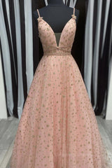 Bridesmaids Dresses Online, Stylish V Neck Pink Long Prom Dress with Stars Sequins, Long Pink Formal Evening Dress