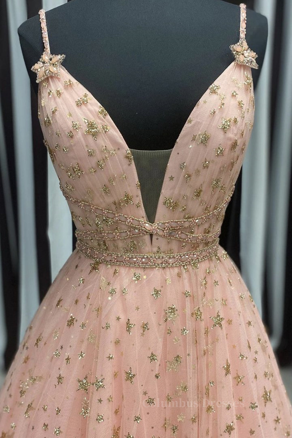 Bridesmaids Dress Online, Stylish V Neck Pink Long Prom Dress with Stars Sequins, Long Pink Formal Evening Dress