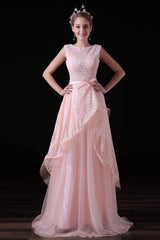 Dress Outfit, Sweet Tulle & Lace Bateau Neckline Floor-length A-line Prom Dresses With Belt