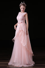 Wedding Shoes, Sweet Tulle & Lace Bateau Neckline Floor-length A-line Prom Dresses With Belt