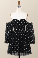 Prom Dresses Style, Sweetheart Black A-line Stars Short Dress with Puffy Sleeves