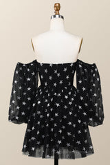Prom Dress Style, Sweetheart Black A-line Stars Short Dress with Puffy Sleeves
