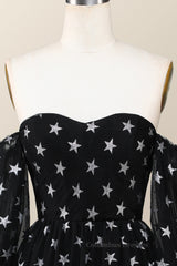 Prom Dress2062, Sweetheart Black A-line Stars Short Dress with Puffy Sleeves