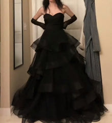 Party Dresses Miami, Sweetheart Black Rufflue Long Prom Evening Dress