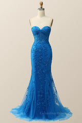 Prom Dress Websites, Sweetheart Blue Lace Mermaid Dress