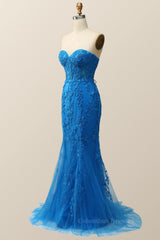 Prom Dresses Sites, Sweetheart Blue Lace Mermaid Dress