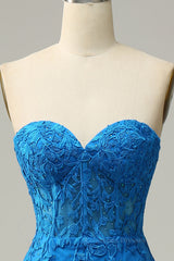 Prom Dresses Affordable, Sweetheart Blue Lace Mermaid Dress