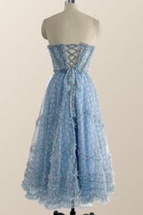 Prom Dresse Backless, Sweetheart Blue Printed Corset Tea Length Dress