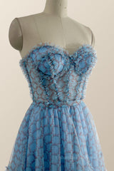 Prom Dresses 2060 Blue, Sweetheart Blue Printed Corset Tea Length Dress