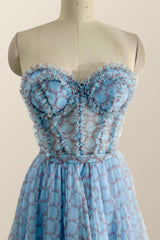 Prom Dresses Modest, Sweetheart Blue Printed Corset Tea Length Dress
