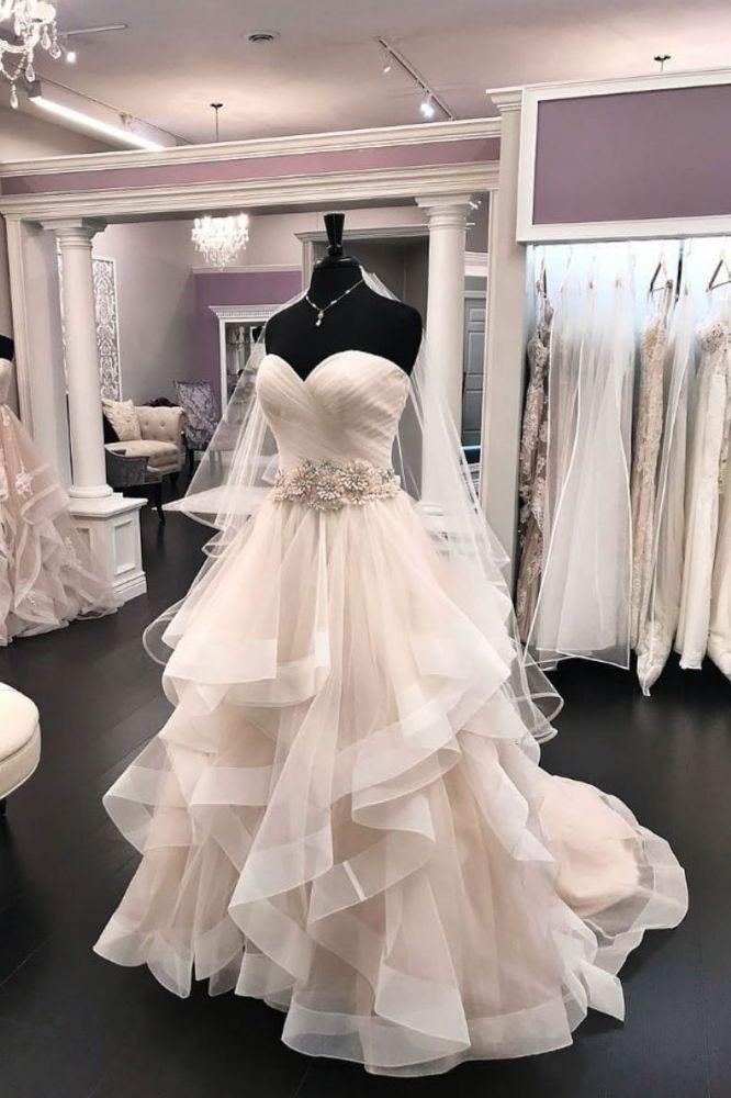 Wedding Dresses Fabric, Sweetheart Champange Ruffless Ball Gown Princess Wedding Dress