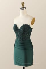 Party Dress Modest, Sweetheart Emerald Green Appliques Tight Mini Dress