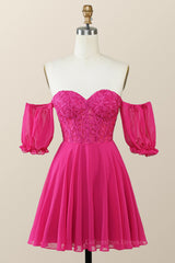 Evening Dress Petite, Sweetheart Fuchsia Lace and Chiffon Short Homecoming Dress