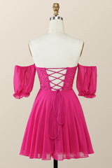 Evening Dresses 2062, Sweetheart Fuchsia Lace and Chiffon Short Homecoming Dress
